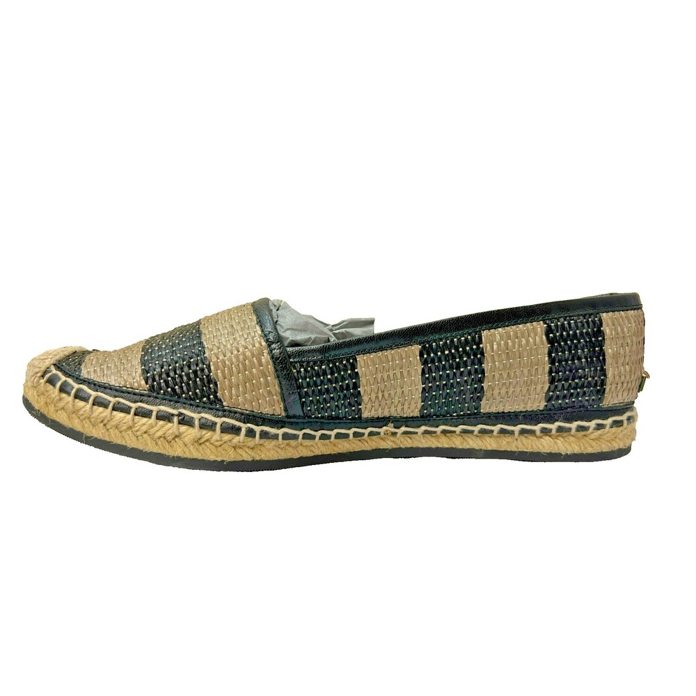 New Burberry Espradrille Flat Shoe Black Tan Stripe Slip-on Rubber Sole SZ 38.5 - Picture 2 of 10